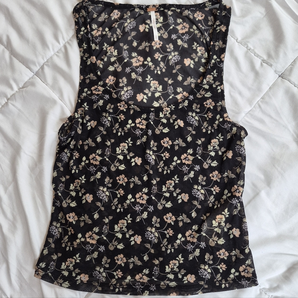 Free People Sheer Mesh Floral Tank Top - 90s Vintage Style, Black, Small